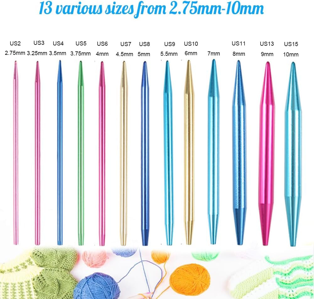 60Pcs Interchangeable Circular Knitting Needles Set with Case 13 Pairs of Aluminum Circular Knitting Needle for Handmade DIY Knitting with Knitting Accessories,(2.75Mm-10Mm)