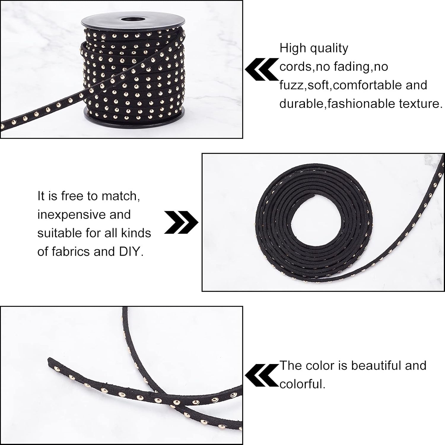 20M/21.8 Yard Faux Suede Cord 4Mm Micro Fabric Flat Beading String Aluminum Studded Faux Suede Leather Cord with Golden Rivet for Jewelry Making Tassel Macrame Dress Purse Home Decor