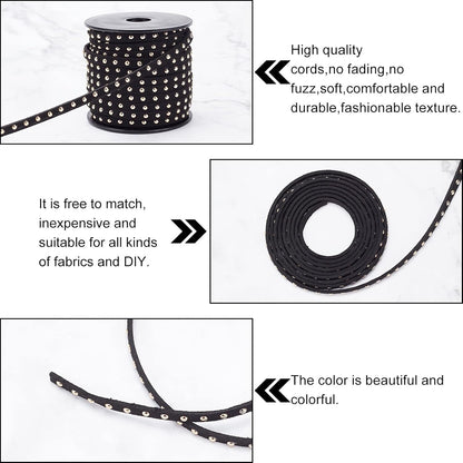 20M/21.8 Yard Faux Suede Cord 4Mm Micro Fabric Flat Beading String Aluminum Studded Faux Suede Leather Cord with Golden Rivet for Jewelry Making Tassel Macrame Dress Purse Home Decor