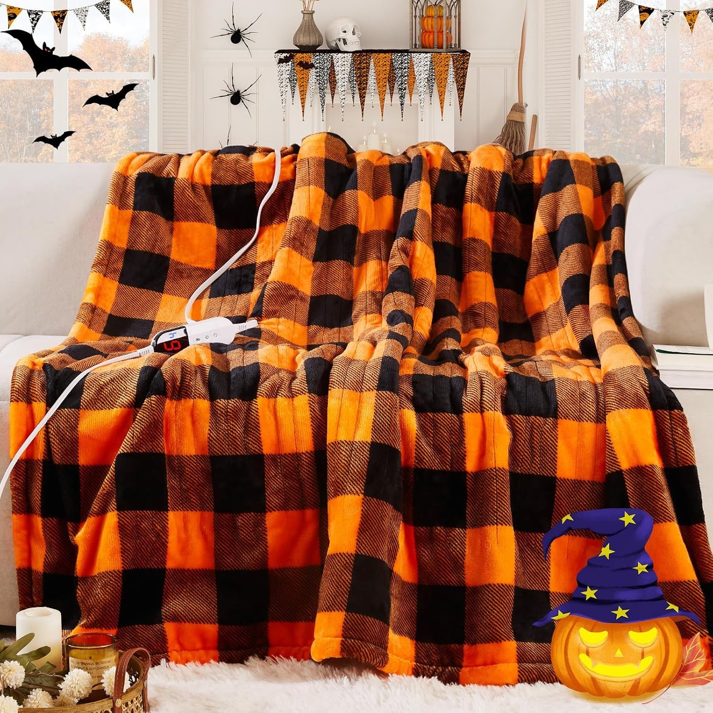 Electric Heated Sherpa Buffalo Plaid Halloween Throw Blanket with 6 Heating Levels & 4 Hours Auto Off, Fast Heating Warm Plush Washable Blanket with Over-Heat Protection, ETL Certification, Orange