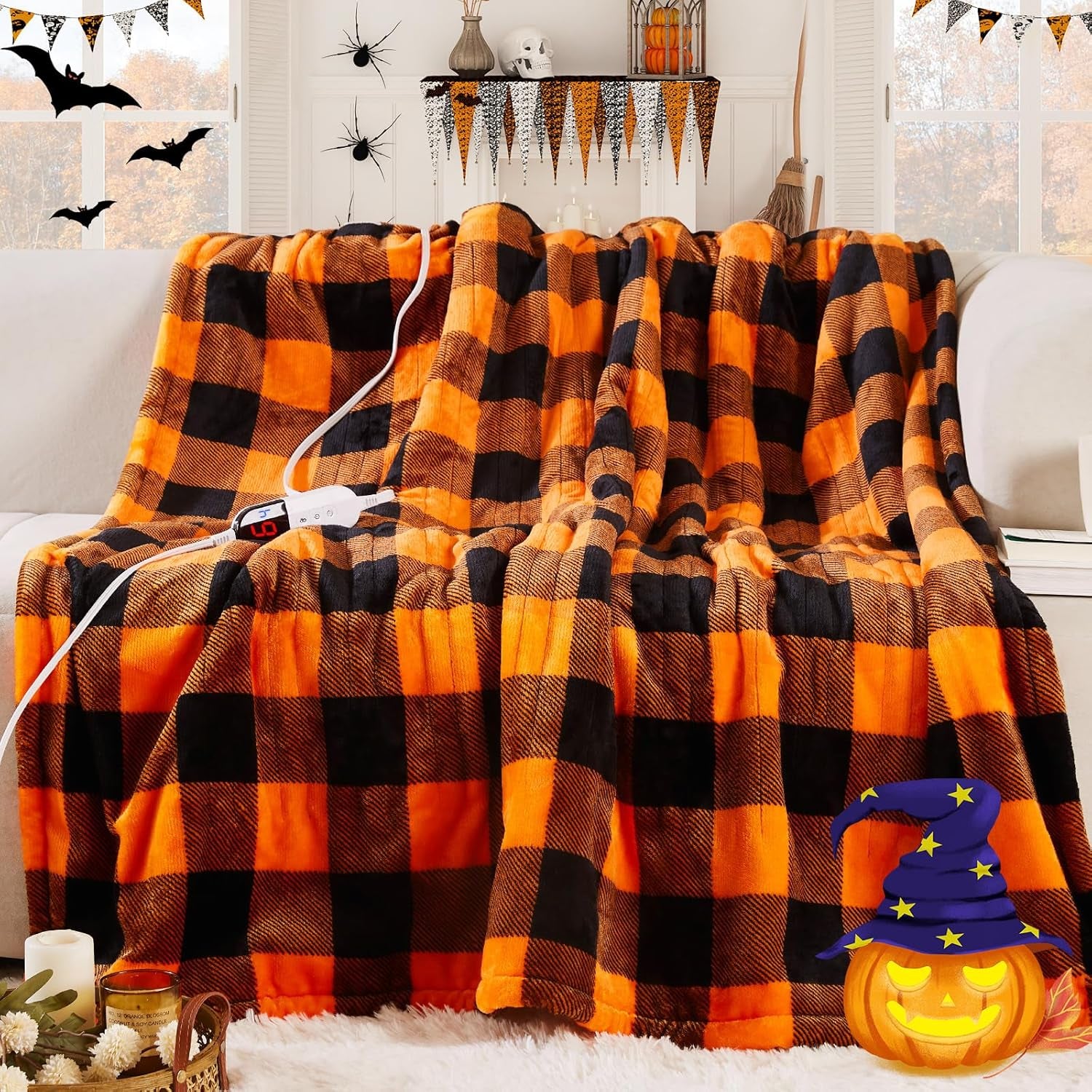 Electric Heated Sherpa Buffalo Plaid Halloween Throw Blanket with 6 Heating Levels & 4 Hours Auto Off, Fast Heating Warm Plush Washable Blanket with Over-Heat Protection, ETL Certification, Orange