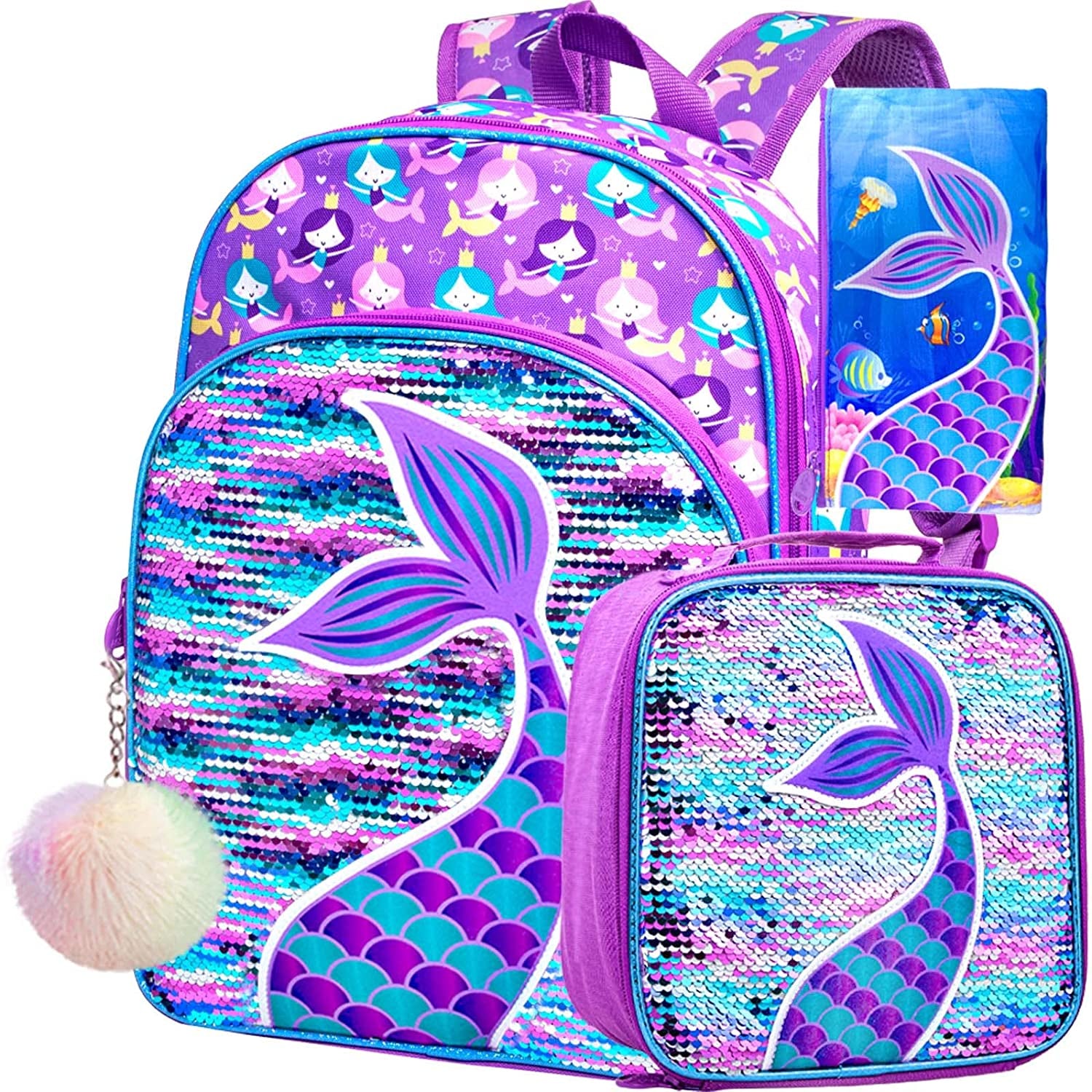 3PCS Kids Backpacks for Girls, 16" Little Kid Mermaid Sequin Preschool School Bookbag and Lunch Box