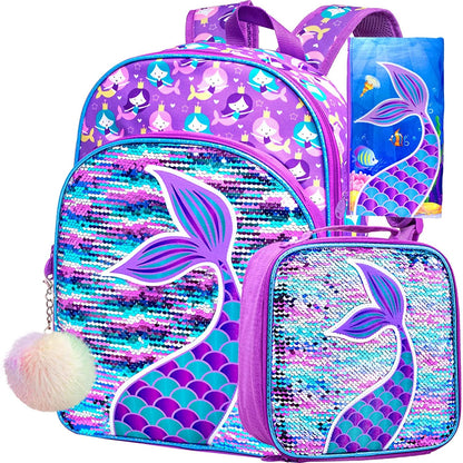 3PCS Kids Backpacks for Girls, 16" Little Kid Flamingo Sequin Preschool School Bookbags and Lunch Box