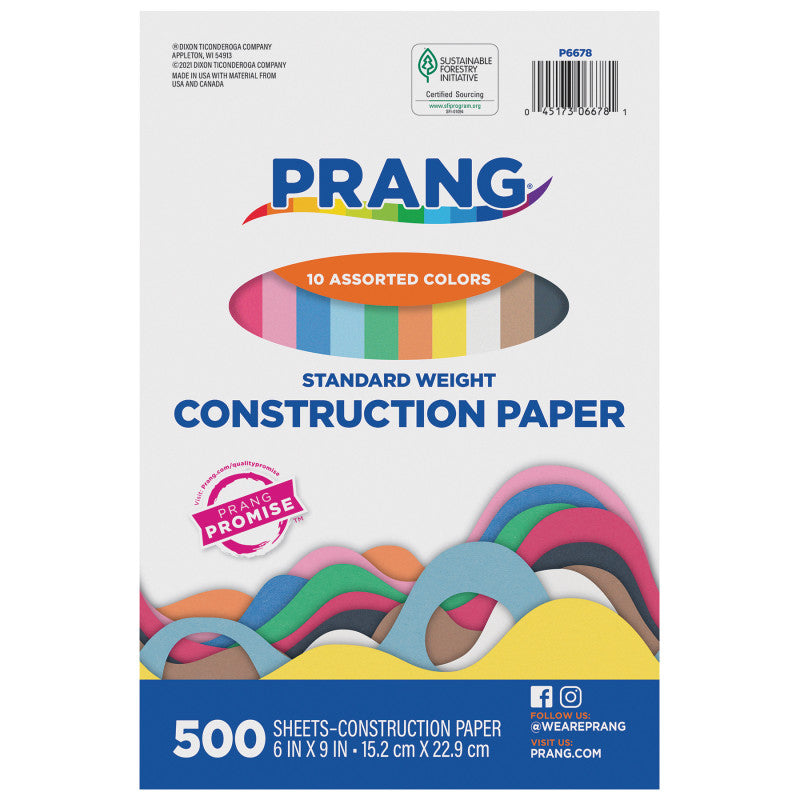 Construction Paper, Standard Weight, 10 Assorted Colors, 6" x 9", 500 Sheets