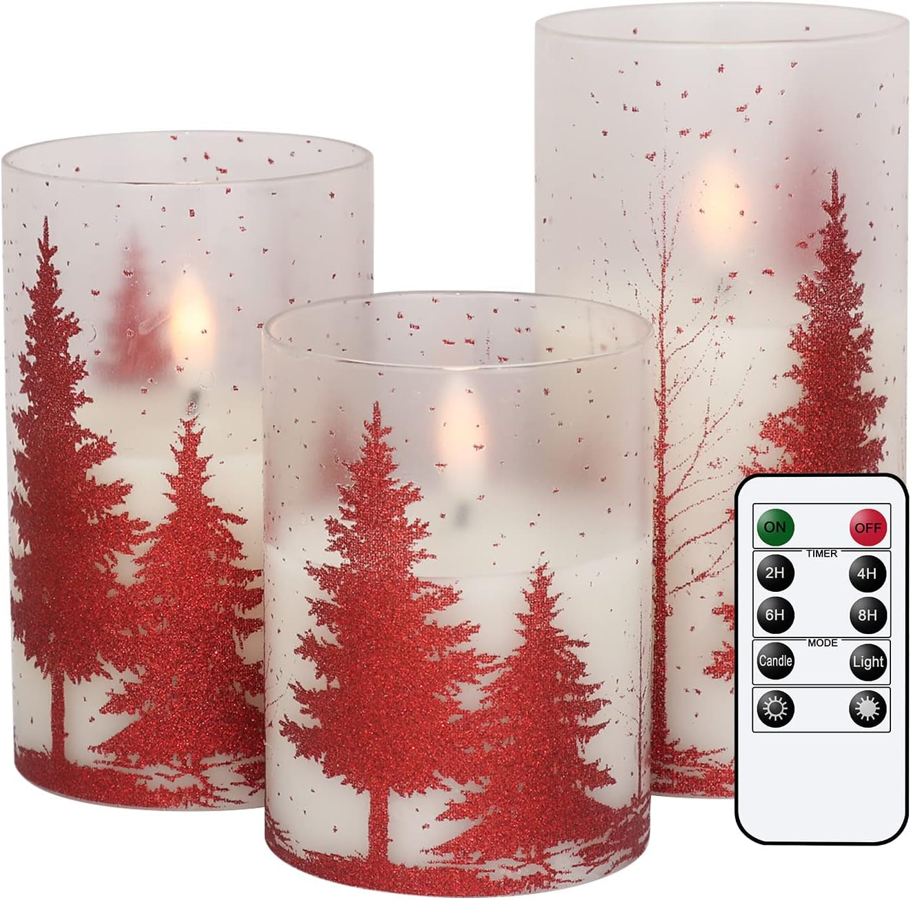 Christmas Tree Glass Flameless Candles with Remote Timer Battery Operated Real Wax 3D Wick LED Flickering Pillar Candles Christmas Holiday Decor(Red, 3 X 4,5,6 Inch)