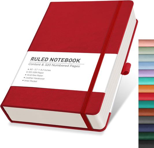 Notebook Journal - A5 College Ruled Notebook with 320 Numbered Pages, Journal for Women, Work, Writing, 100 GSM Acid-Free Paper, Leather Hardcover, Inner Pocket, 5.7'' × 8.3'' (Red)