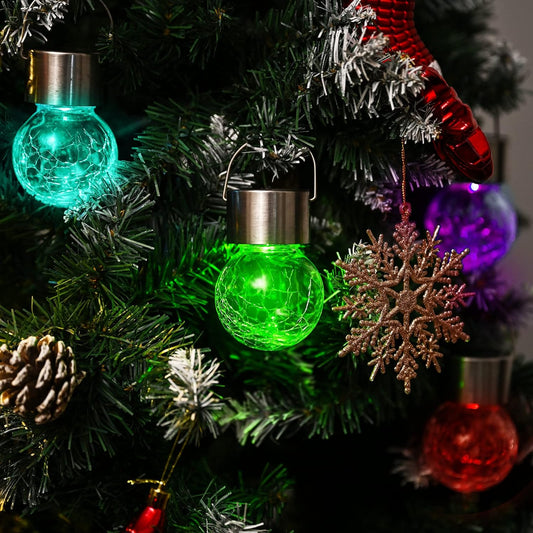 8 Pack Solar Hanging Lights, Christmas Decoration Lights with Multi-Color Changing Cracked Glass Hanging Ball Solar Outdoor Lights Waterproof Solar Lanterns for Garden, Yard, Patio, Lawn