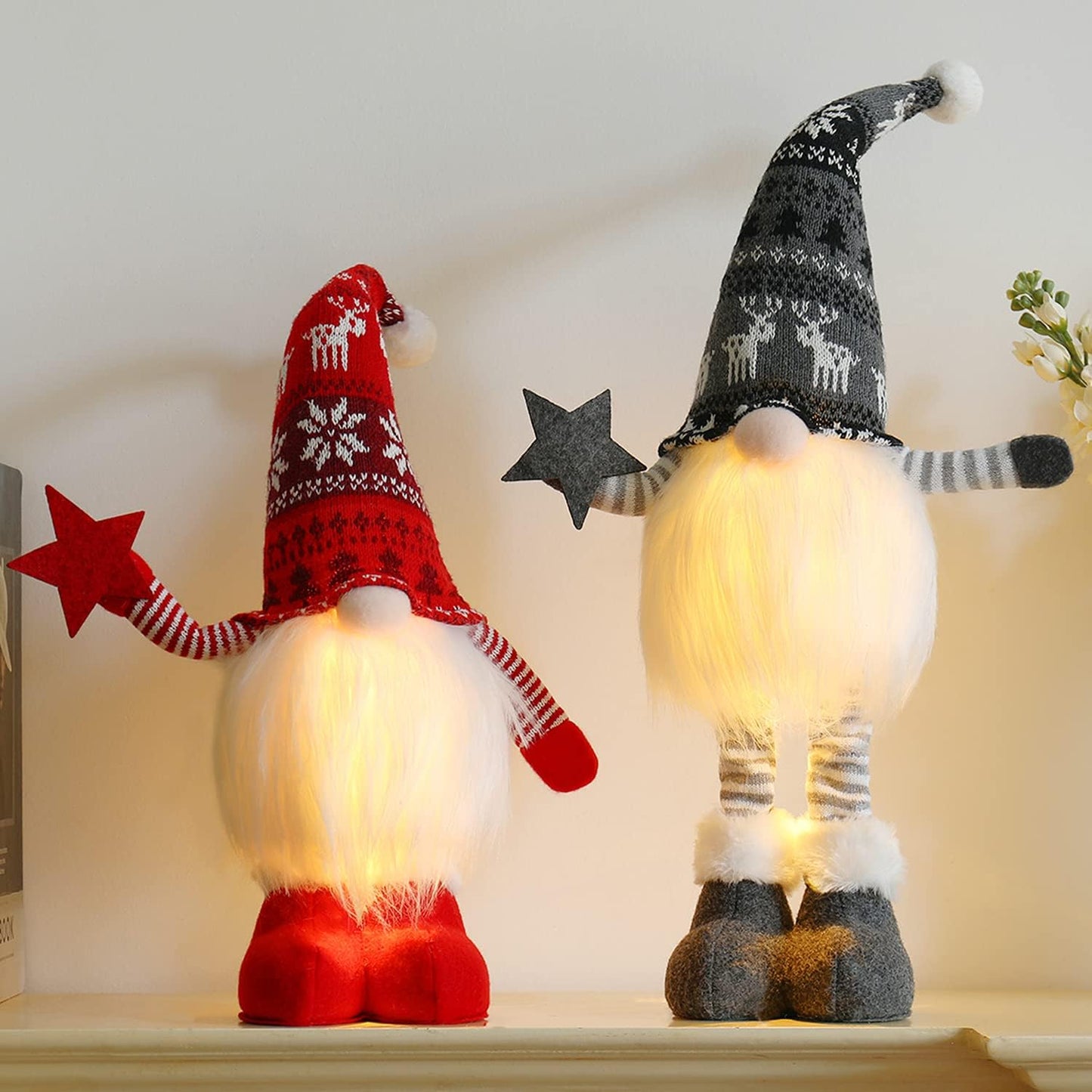 2Pcs 24.8 Inch Large Size Lighted Standing Christmas Gnomes Decorations with Retractable Spring Legs Light up Christmas Knome Gift Winter Tabletop Christmas Decorations