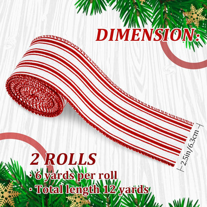 2 Rolls Christmas Wired Edge Ribbon Christmas White Red Striped Fabric Ribbon Farmhouse Craft Ribbon for DIY Gift Wrapping Wreath Floral Arrangement Bow Decoration,2.5 Inch X 12 Yard