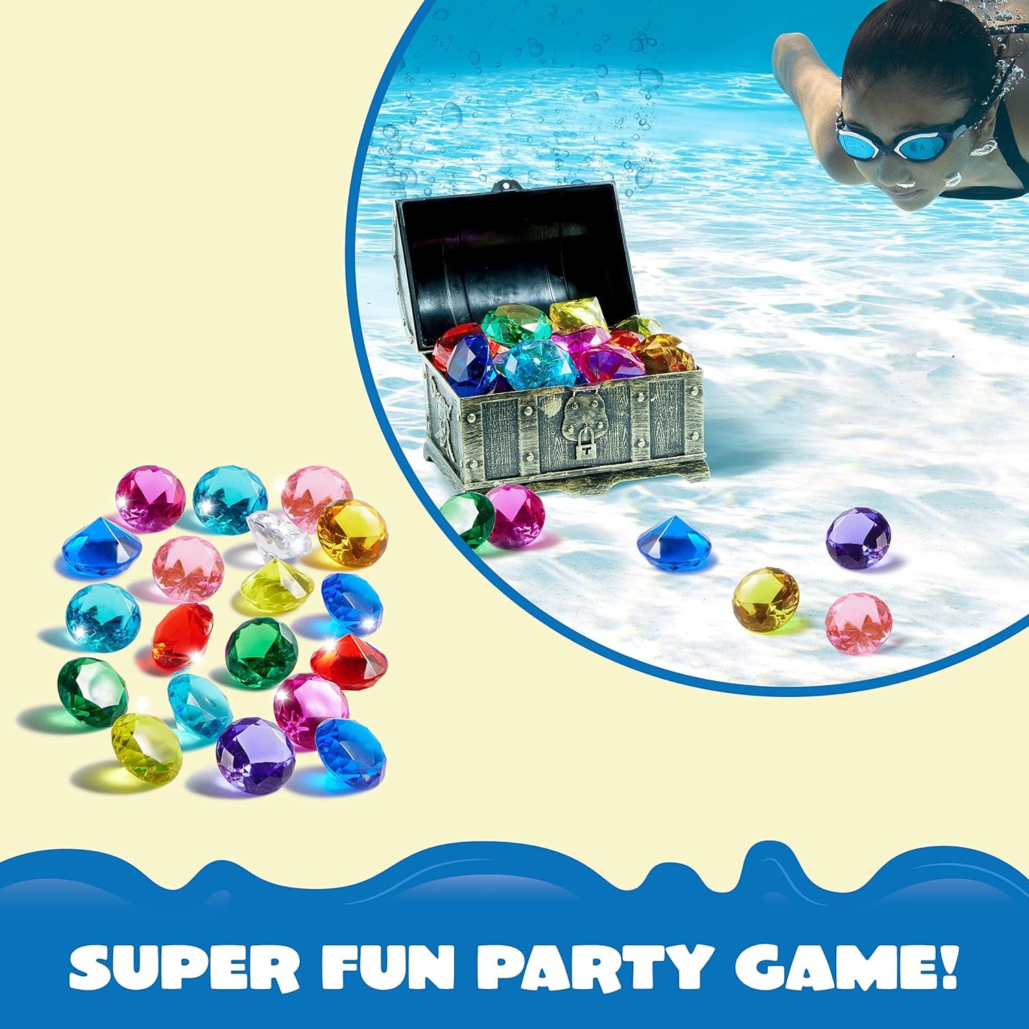 Diving Gems Pool Toys, 16 Big Colorful Diamond with Pirate Treasure Chest, Swim Dive Toy for Kids Underwater Gemstone Swimming Training Gift Water Toys Pool Games（Gold）