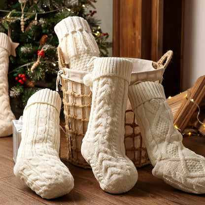 Farmhouse Knitted Christmas Stockings: 5 Pack 18 Inch Rustic Cable Knit Fireplace Stockings, Cozy Hanging Xmas Stockings Boho Style Stocking Decorations for Family Holiday Décor, White Beige