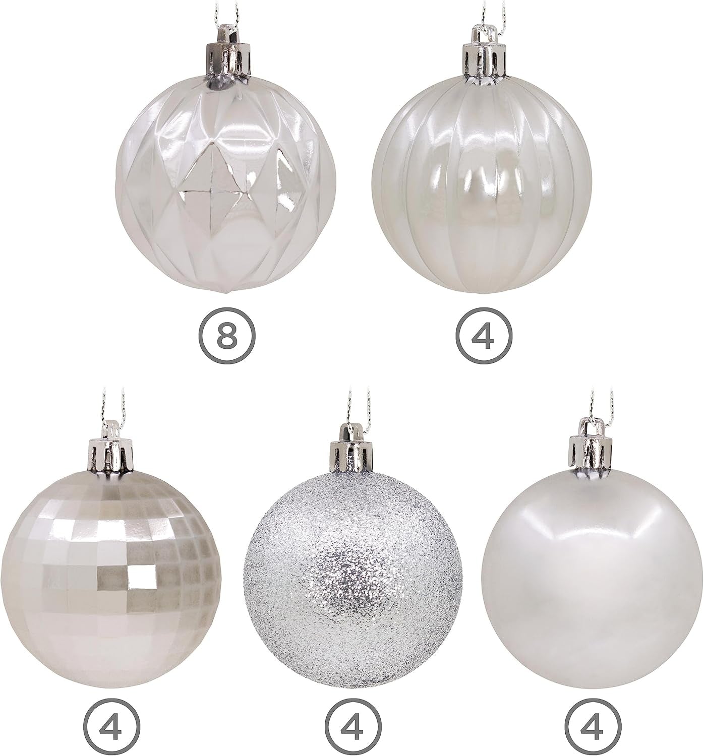 Silver Christmas Ball Ornaments, Set of 24 Christmas Baubles, Shatterproof