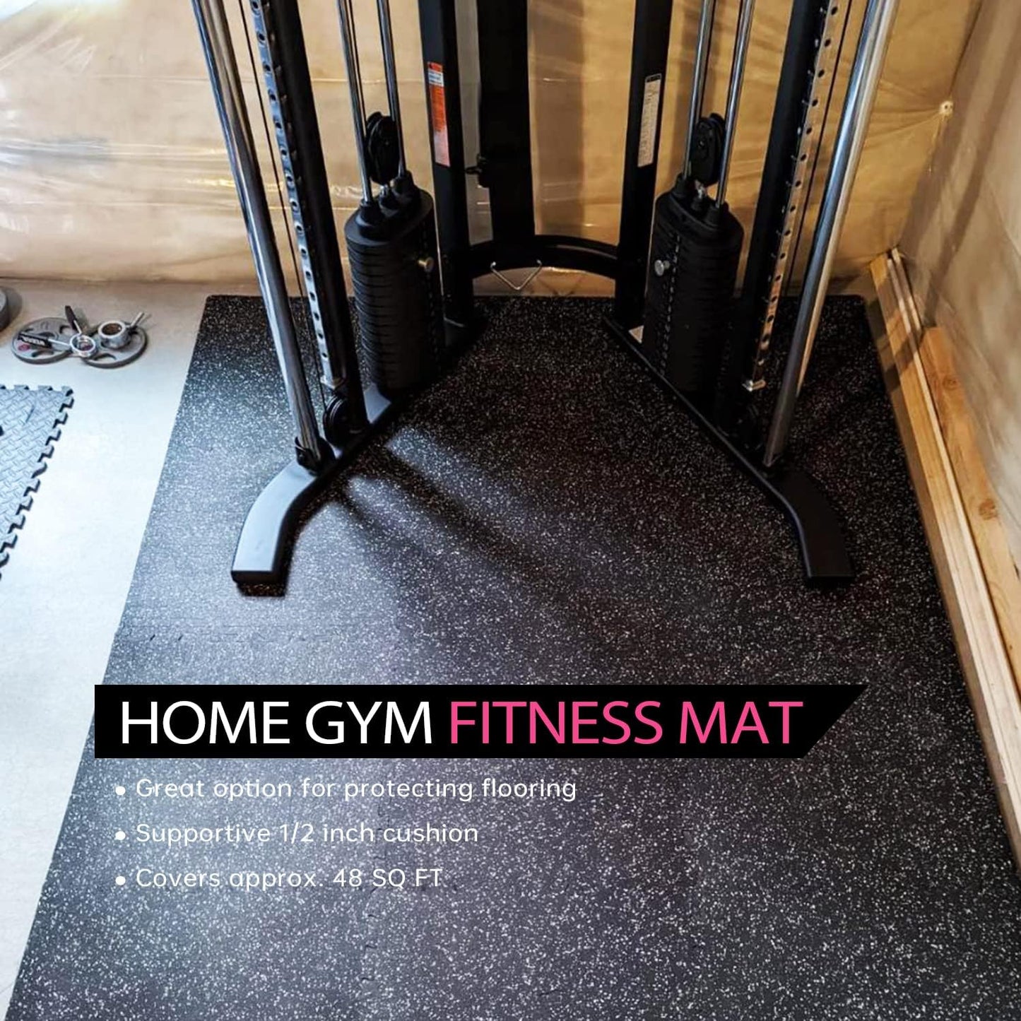 0.56 Inch Thick Gym Flooring for Home Gym with Rubber Top - 48 Sq Ft Interlocking Gym Floor Tiles - Workout Equipment Vibration Reduction Mats - 12 Pcs 24 X 24In Tile, Black & Pink