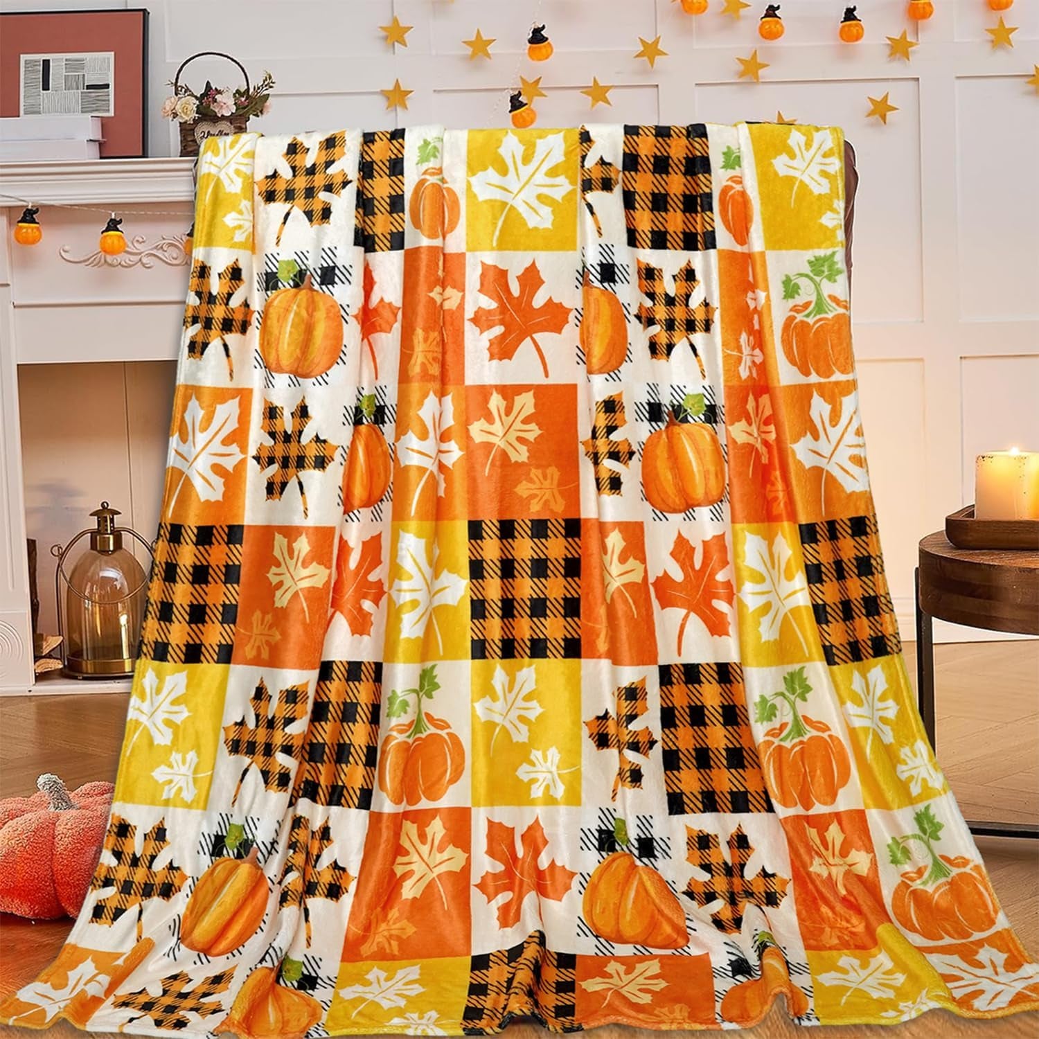 Fall Plaid Throw Blanket 50" X 60", Fall Blankets and Throws, Cozy Fall Fleece Throw Blanket for Couch, Autumn Pumpkin and Leaves Blanket, Fall Throws