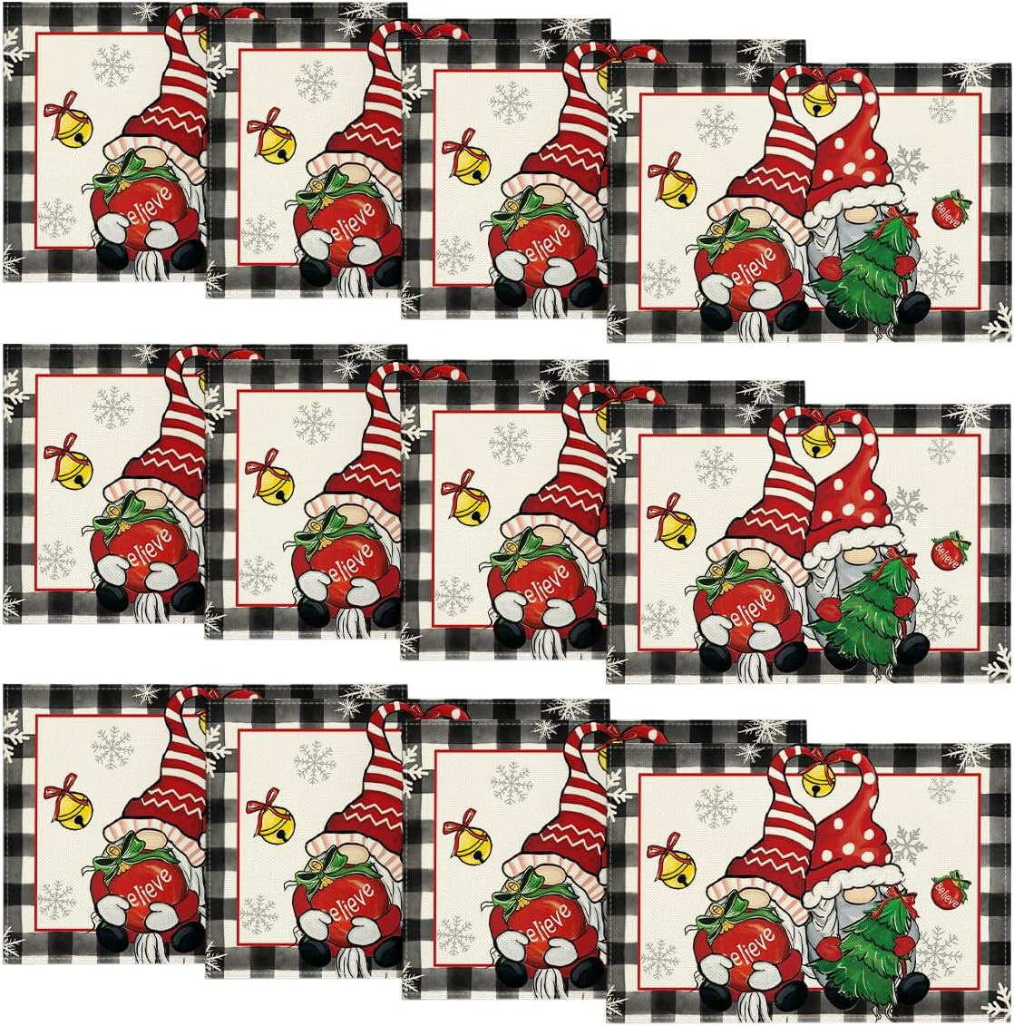 Gnomes Believe Xmas Balls Christmas Placemats Set of 12, 12X18 Inch Seasonal Winter Snowflake Table Mats for Party Kitchen Dining Decoration