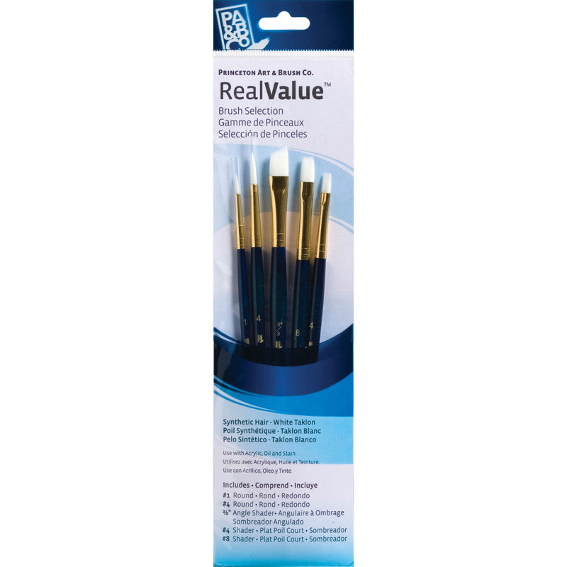 RealValue Brush Set, White Taklon Bristles, Short Handle Mixed Media Paintbrush, Dark Blue, 5 Pieces