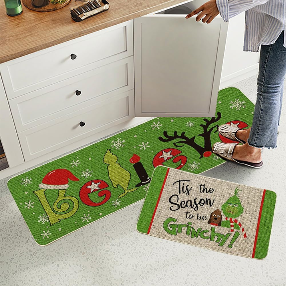 Christmas Kitchen Rugs and Mats Set of 2, Christmas Indoor Floor Mats Non-Slip Kitchen Mat Door Mat Runner Rug for Kitchen Home Christmas Decor 17" X 47"+17" X 29"