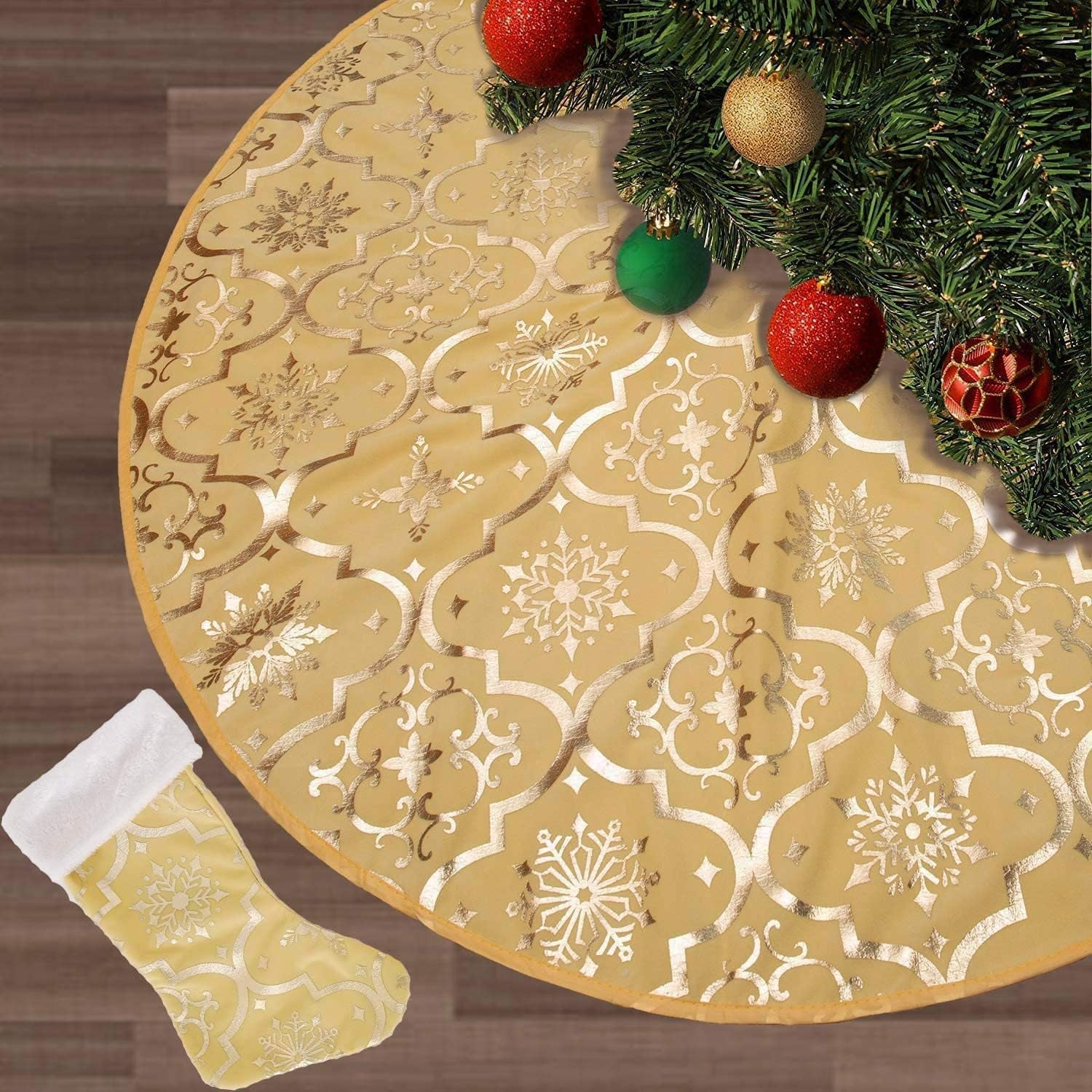 36 Inch Large Christmas Tree Skirt Xmas Soft Cover Mat Decor Snowflake Collar Farmhouse Tree Skirt for Holiday Ornaments Party Home Indoor Decorations (Yellow, 48INCH)