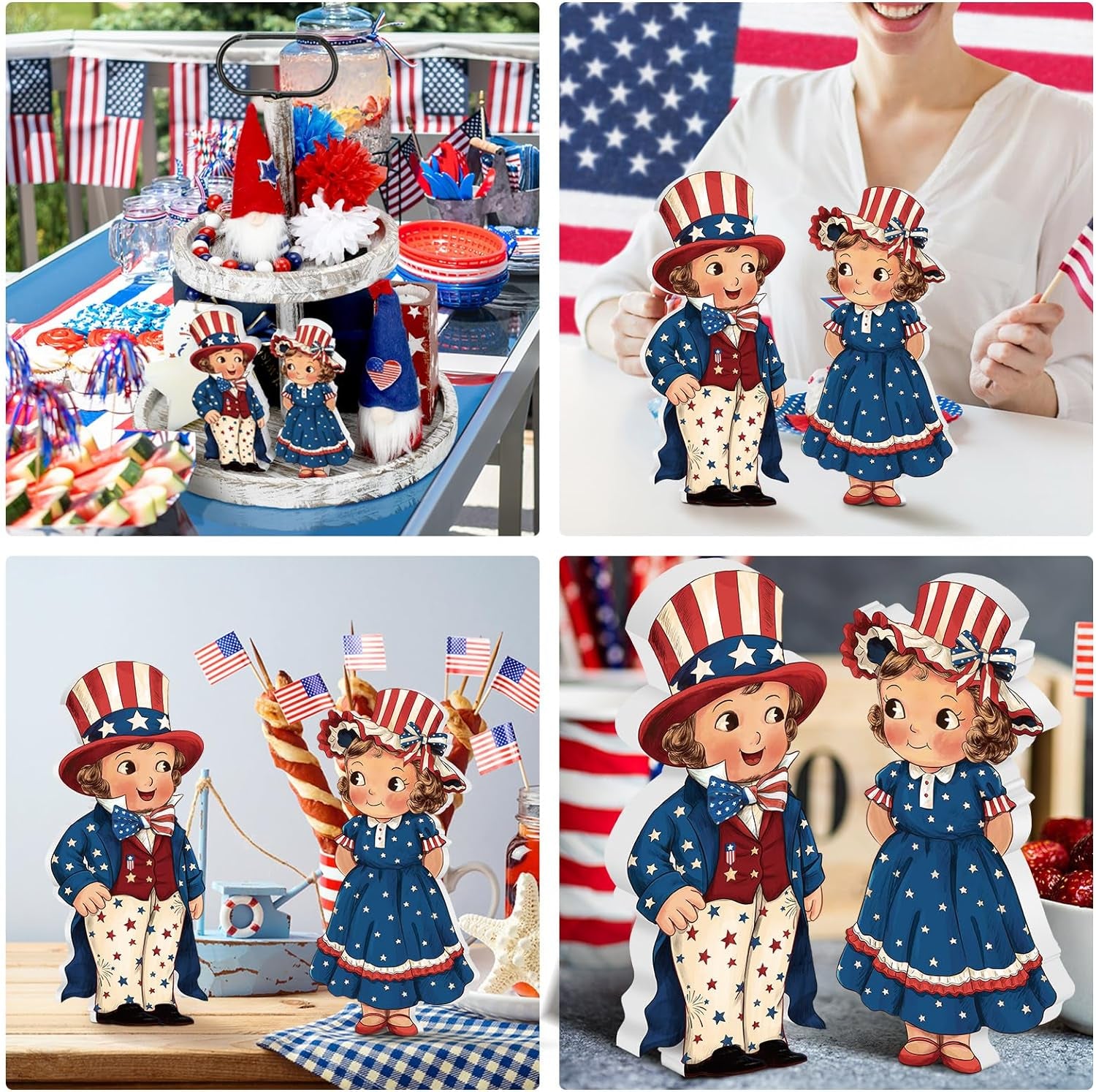 2 Pcs 4Th of July Tiered Tray Decor Patriotic Table Sign Memorial Day Table Decorations Patriotic Centerpieces Independence Day Wood Sign Farmhouse Wood Block for Party Home Desk