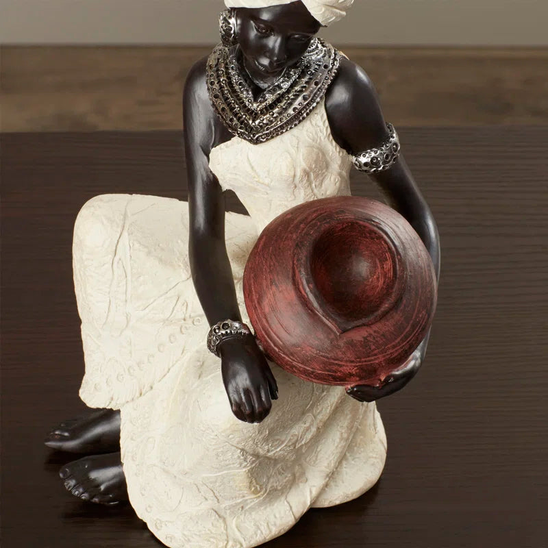 Harly Cream Polystone Sitting African Woman Sculpture with Red Water Pot