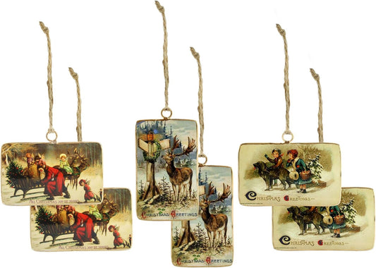 Set of 6 Vintage Retro Christmas Ornaments (3 Designs, 6 Ornaments Total); Nostalgic Tree Decorations in Metal Frames