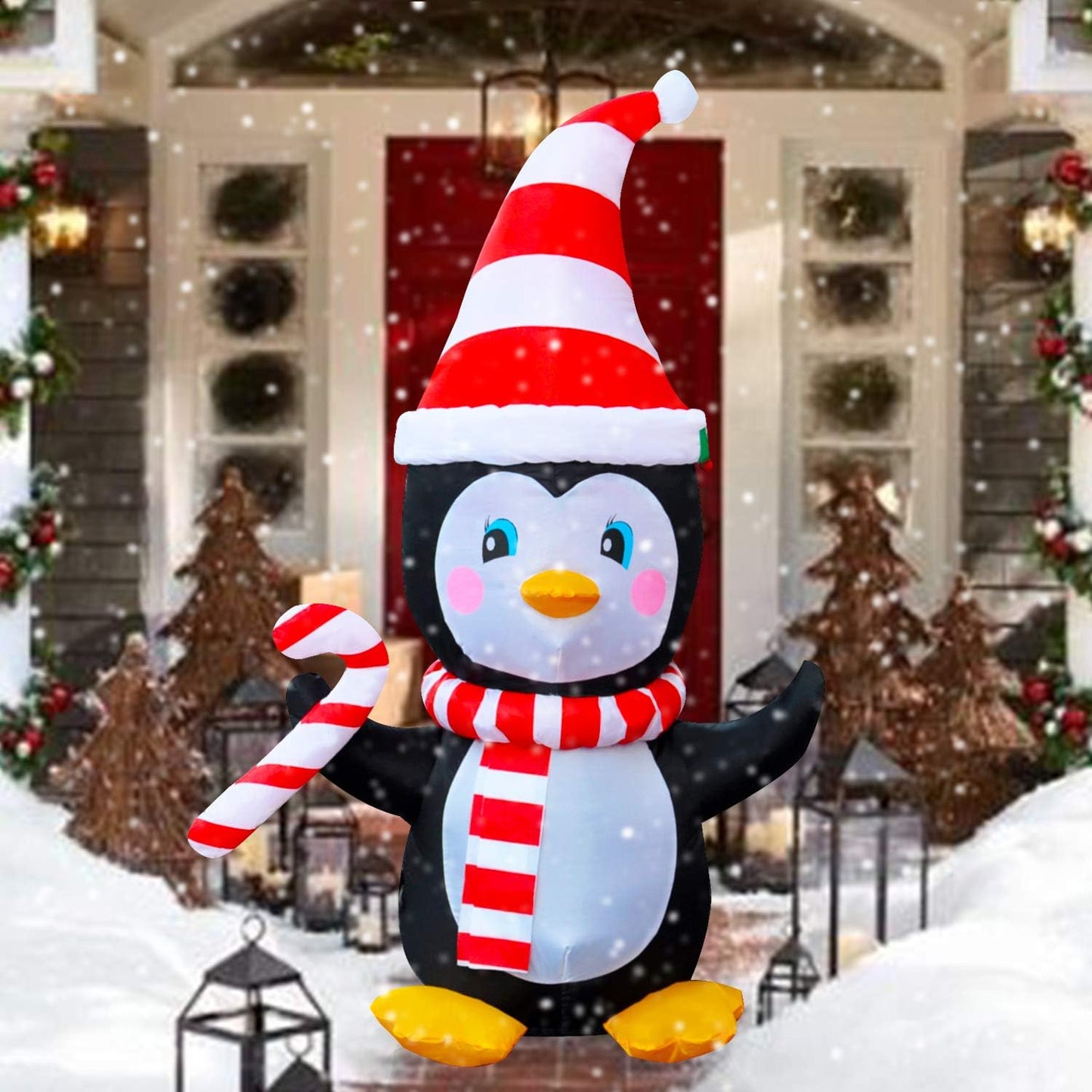 4 Ft LED Light up Inflatable Christmas Penguin with Scarf & Candy Decoration for Yard Lawn Garden Home Party Indoor Outdoor Holiday Xmas Decor