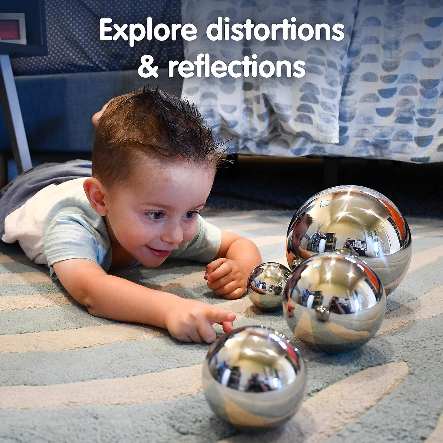 Tickit - 9322 Sensory Reflective Balls - Set of 4 - Mirrored Spheres for Babies and Toddlers - Stainless Steel Sensory Balls for Reflections and Color - for Stylish Nurseries and Bedrooms