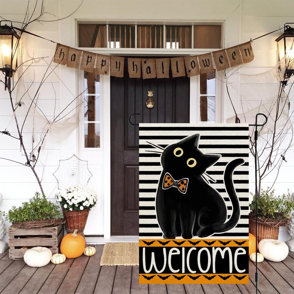 Halloween Black Cat Garden Flag 12X18 Inch Double Sided for outside Small Holiday Yard Decoration