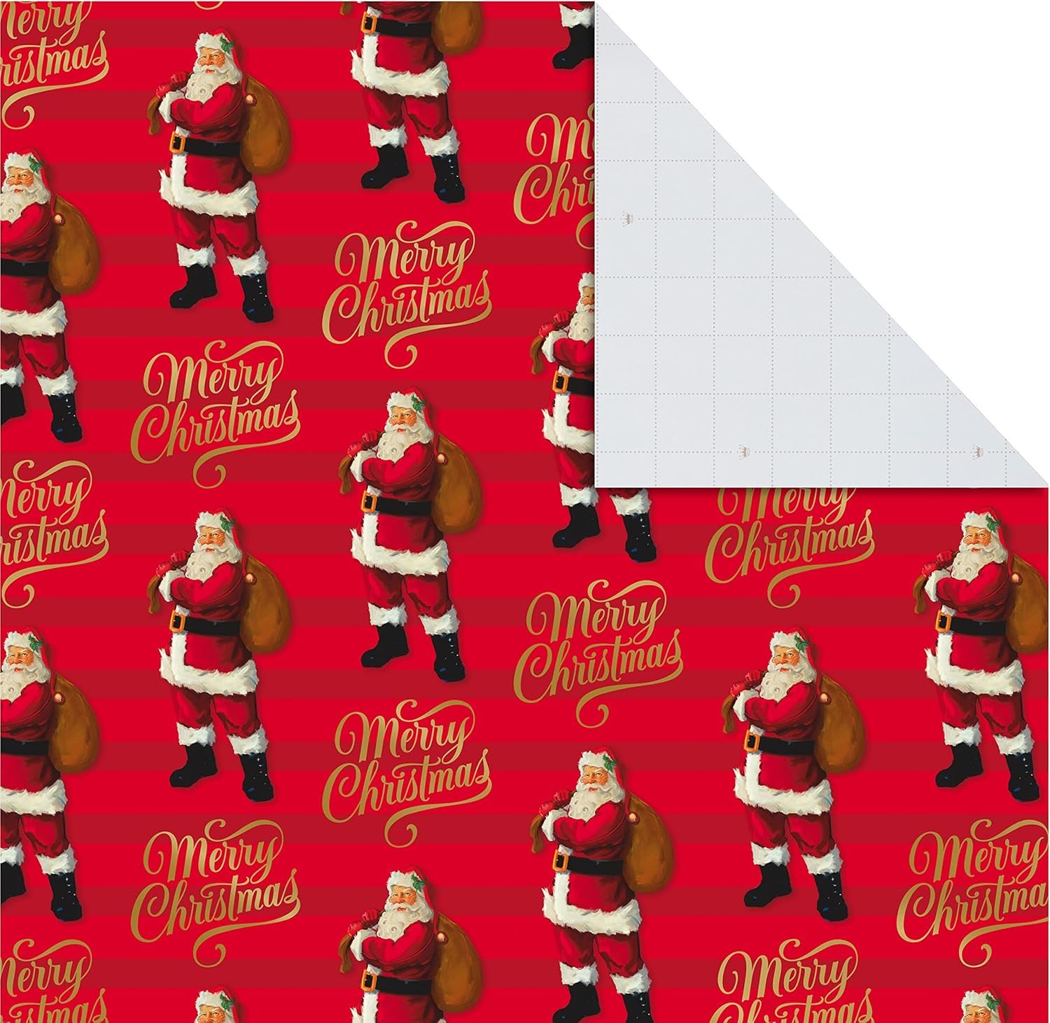 Christmas Flat Wrapping Paper Sheets - Red Gift Wrap Paper (12 Folded Sheets with Sticker Seals) Red, White and Gold Stripes, Santa Claus, Snowflakes on Plaid