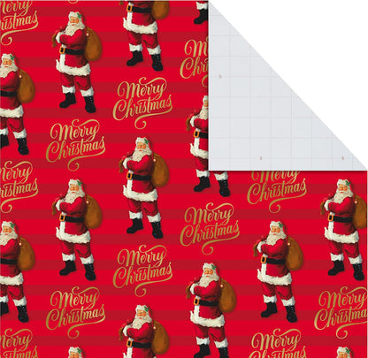 Christmas Flat Wrapping Paper Sheets - Red Gift Wrap Paper (12 Folded Sheets with Sticker Seals) Red, White and Gold Stripes, Santa Claus, Snowflakes on Plaid