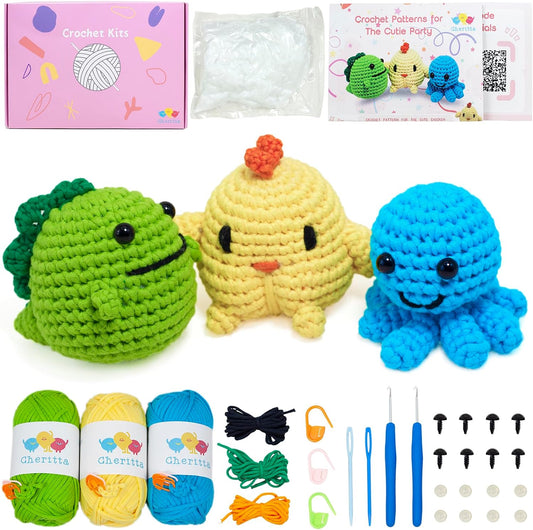 Crochet Animal Kit for Beginners - 3 Patterns: Chick, Octopus, Dino | Knitting Kit for Adults and Kids with Step-By-Step Video Tutorials, Yarns, Hooks, and Accessories