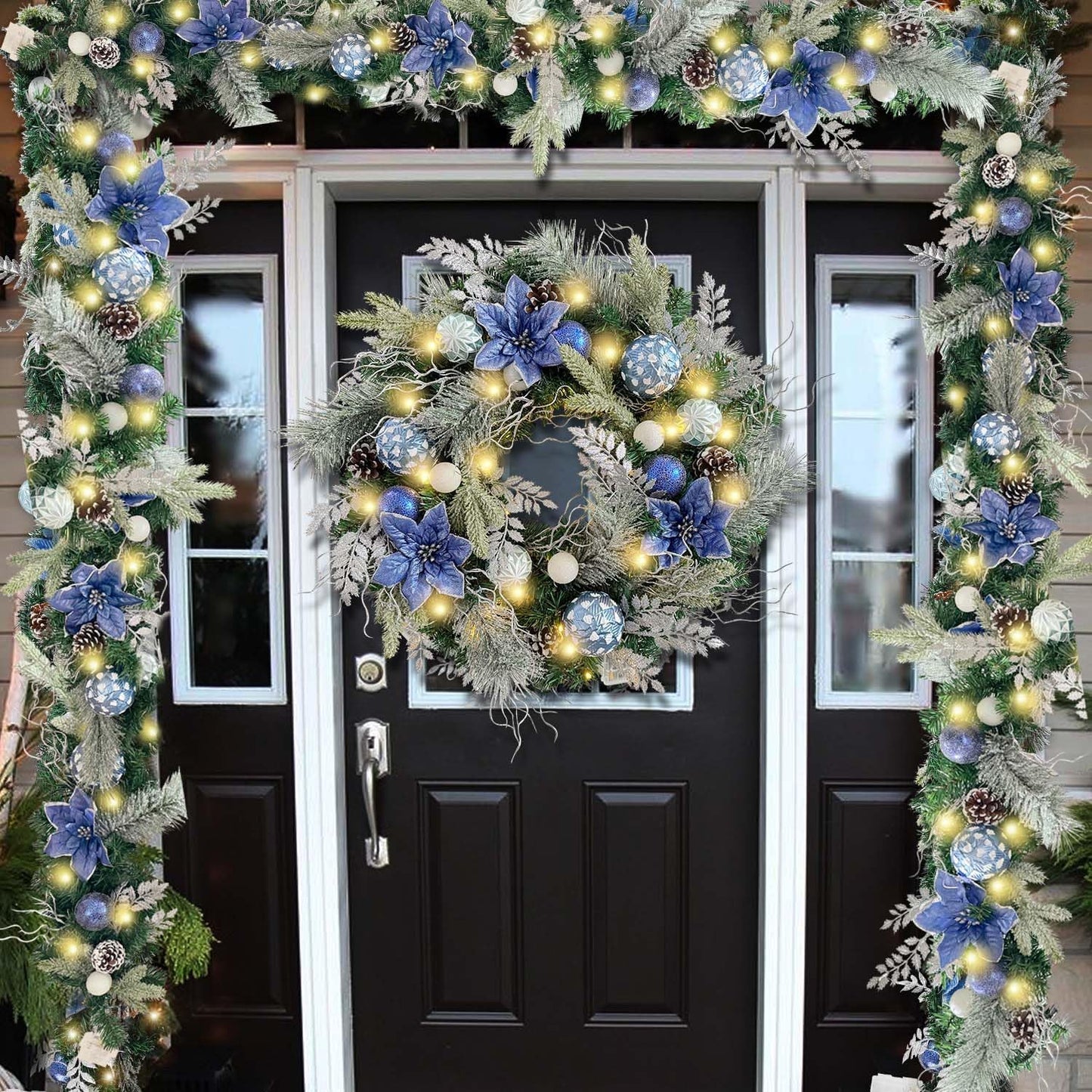 Pre-Lit 24 Inch Christmas Wreath for Front Door Silver Blue Lighted Christmas Door Wreath Decoration with Ball Ornaments, Poinsettia Flowers,Pine Cones, Battery Operated 30 LED Lights