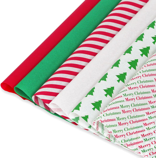 150 Sheets 20"X14" Christmas Tissue Paper for Gift Bags Party Decoration, Red, Green, White, Red Stripe, Christmas Tree, Merry Christmas Wrapping Paper