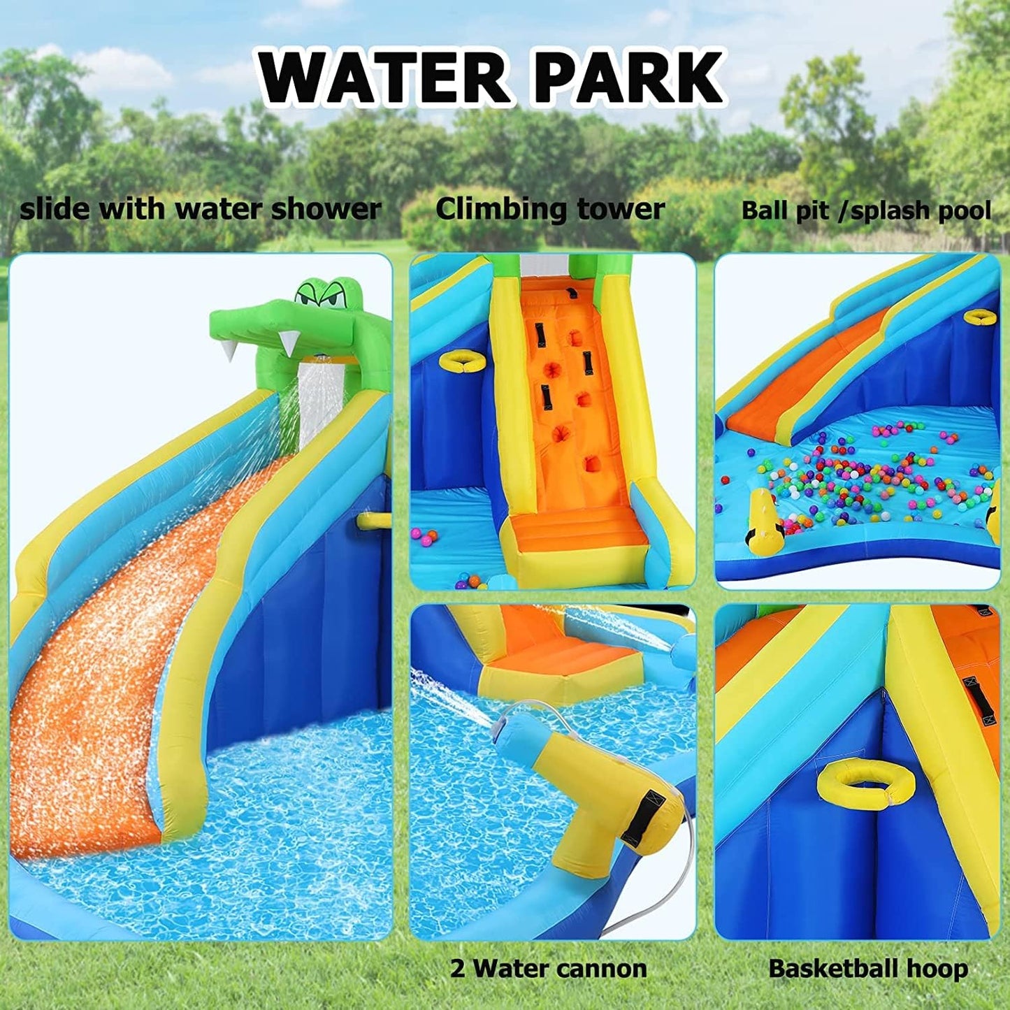 Inflatable Water Slide, 6 in 1 Outdoor Inflatable Water Park with Climbing, Basketball Rim, Splash Pool, Water Cannon, Blow up Water Slides for Kids Backyard