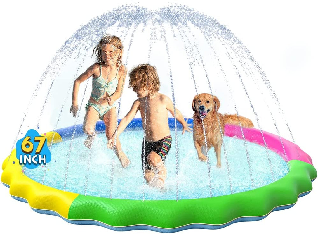 Non-Slip Splash Pad for Kids and Dog, Thicken Sprinkler Pool Summer Outdoor Water Toys - Fun Backyard Fountain Play Mat for Baby Girls Boys Children or Pet Dog (67 Inch, Blue&Blue)