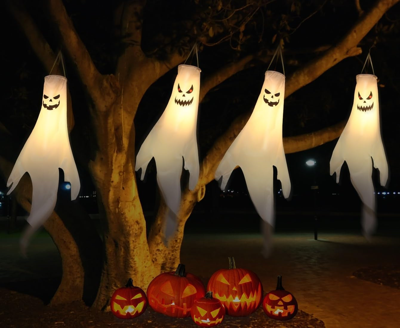 Halloween-Decorations-Outdoor Hanging-Ghost Windsocks for Trees with Timer, LED Ghosts to Hang in Tree Porch Yard, Waterproof, Timer,2 Pcs (No Batteries)