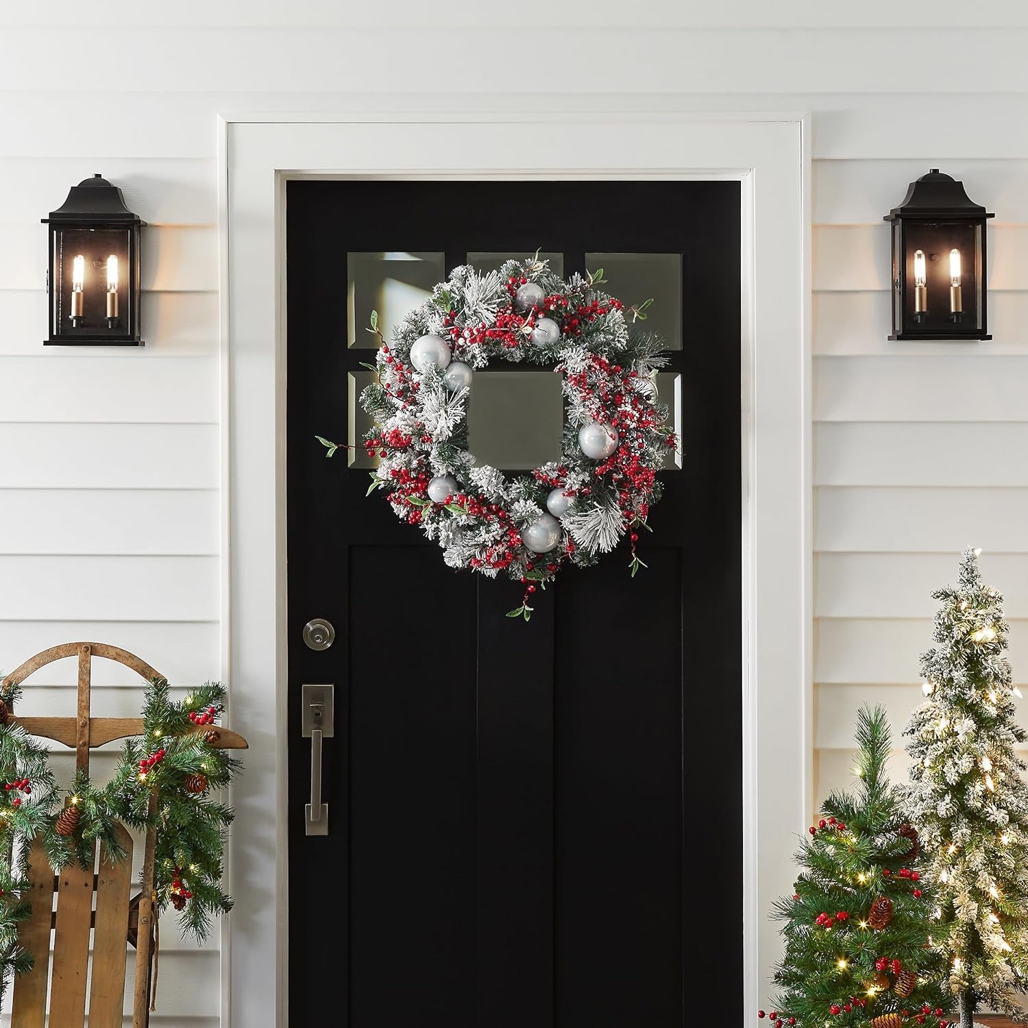 Artificial Christmas Wreath, Green, Evergreen, Decorated with Frosted Branches, Ball Ornaments, Berry Clusters, Christmas Collection, 24 Inches