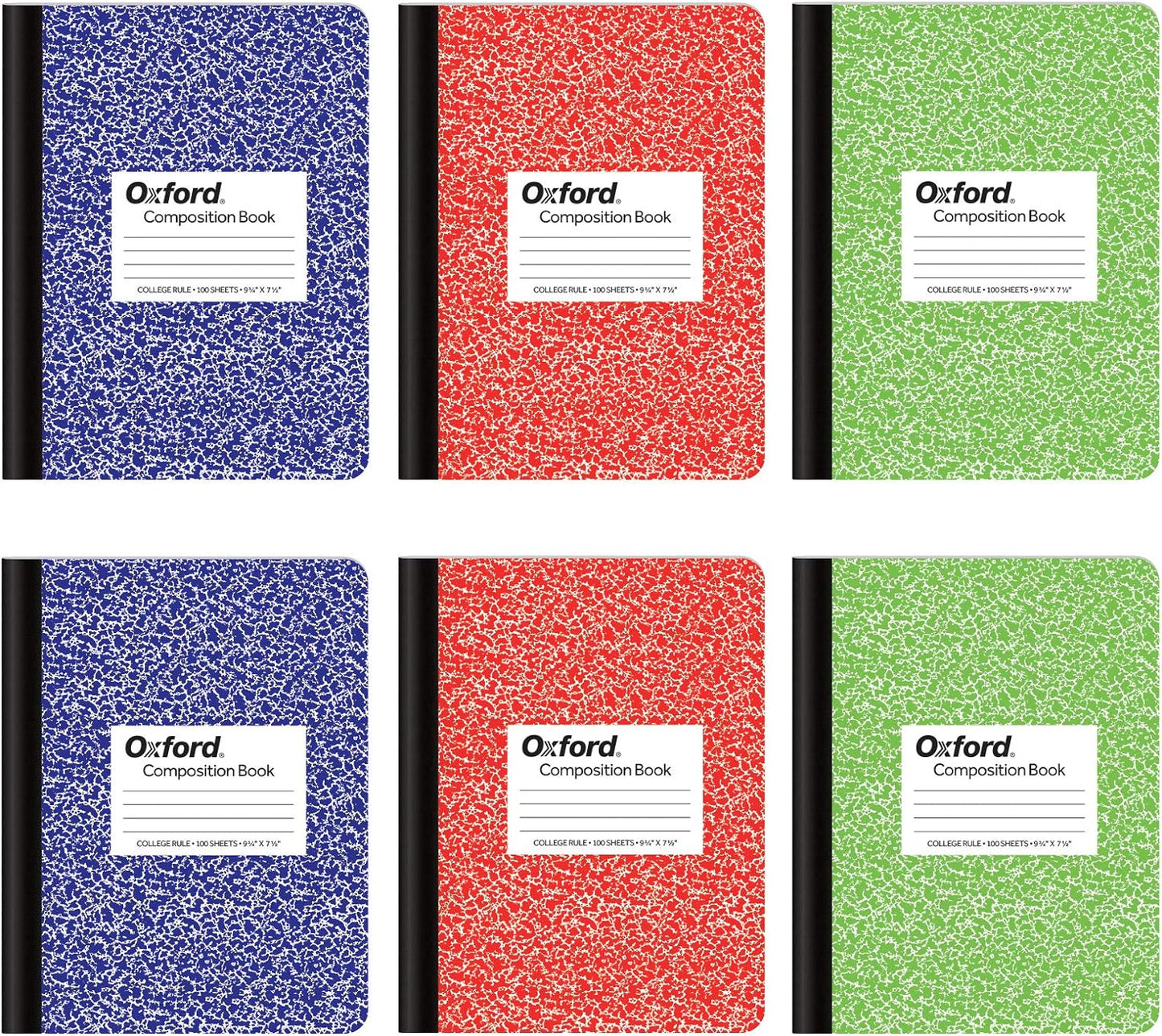 Composition Notebook 6 Pack, College Ruled Paper, 9-3/4 X 7-1/2 Inches, 100 Sheets, Assorted Marble Covers. 2 Each: Blue, Green, Red (63763)
