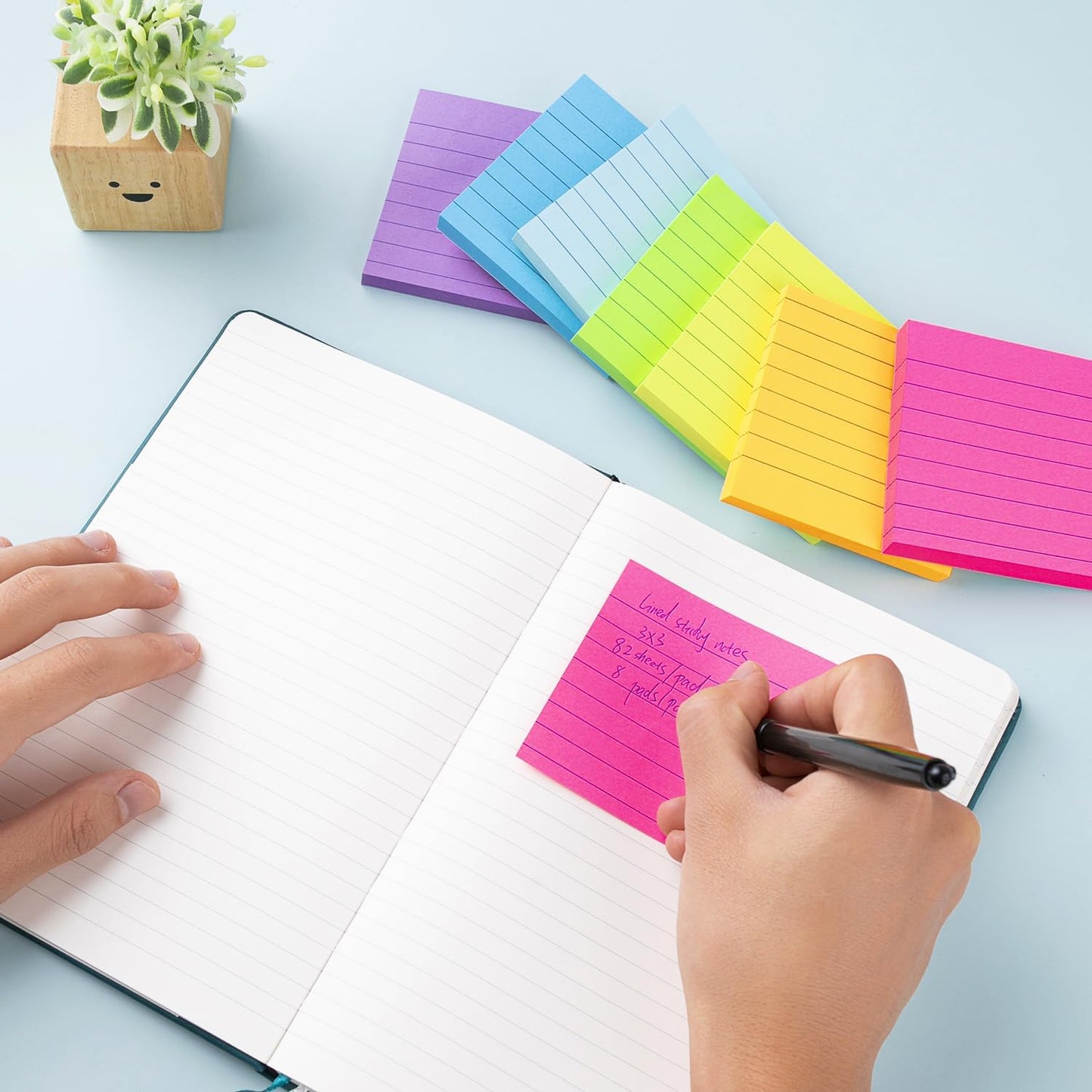 Lined Sticky Notes 3X3 in Bright Ruled Post Stickies Colorful Super Sticking Power Memo Pads, 82 Sheets/Pad, 8 Pads/Pack