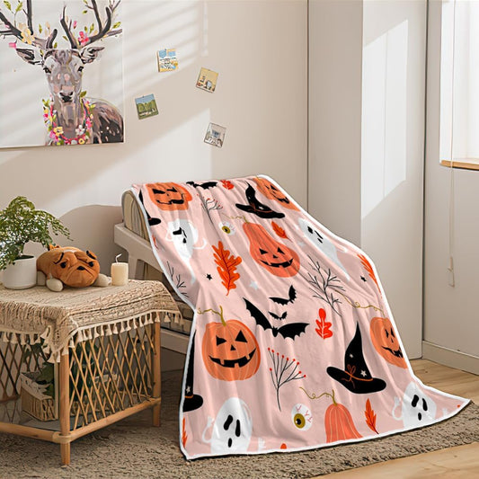 Halloween Throw Blanket, Pink Cute Pumpkin Ghost Witch Magic Hat Flannel Throw and Blankets,Warm Comfortable Bed Sofa Blanket Living Room, Bedroom Decoratio.