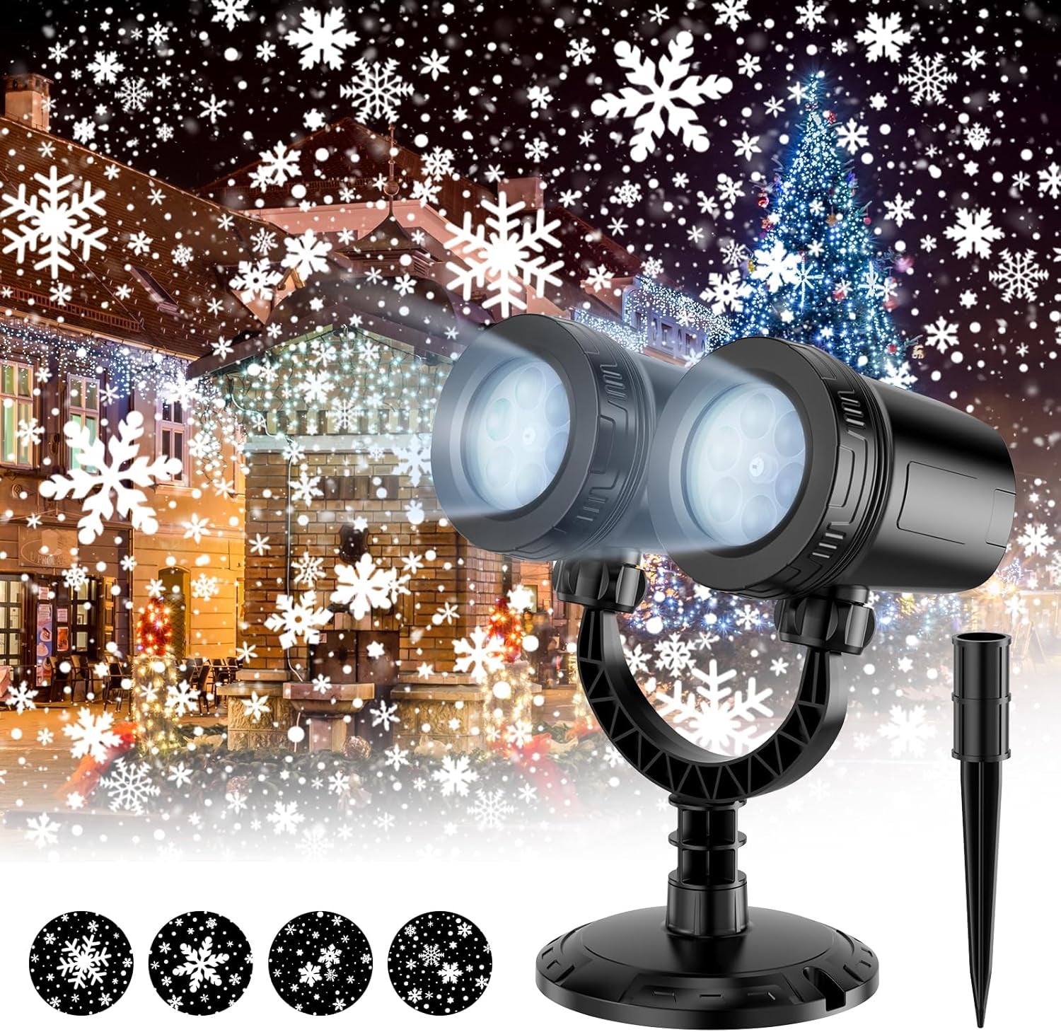 Christmas Snowflake Projector Lights Outdoor,Double Head Snowfall Led Lights Waterproof,Landscape Decorative Lighting Projection Lamp for Xmas Holiday Wedding Indoor Garden Patio