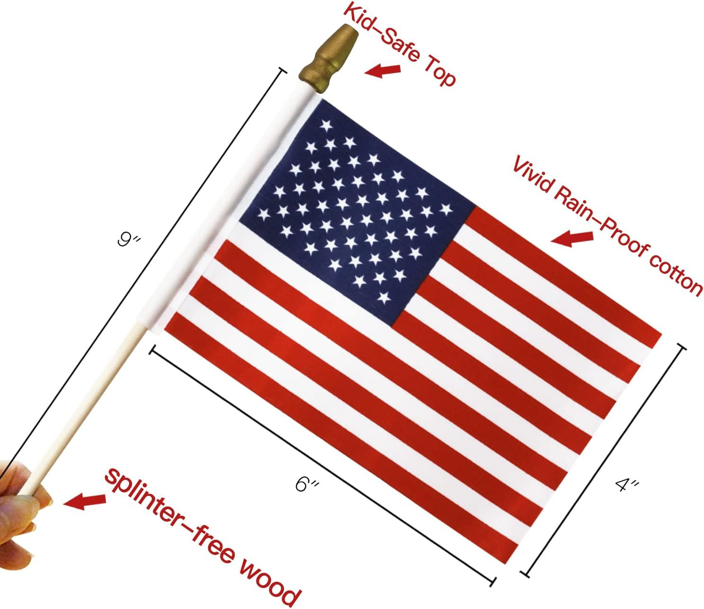 LOT of 50 - USA 4X6 in Wooden Stick Flag - July 4Th Decoration, Veteran Party, Grave Marker, Etc. - Handheld American Flag with Kid Safe Golden Spear Top (Pack of 50)