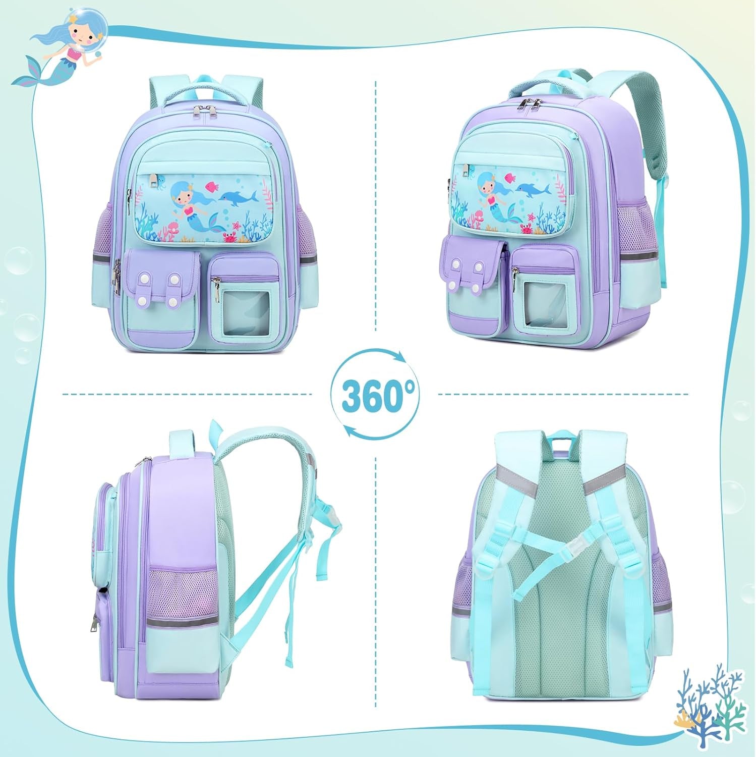 3PCS School Backpack for Girls, Kids Backpack for Girls with Lunch Box Pencil Case, Cute Kawaii Mermaid Backpack for Girls, Schoolbag Bookbag for Kindergarten Elementary Middle High School