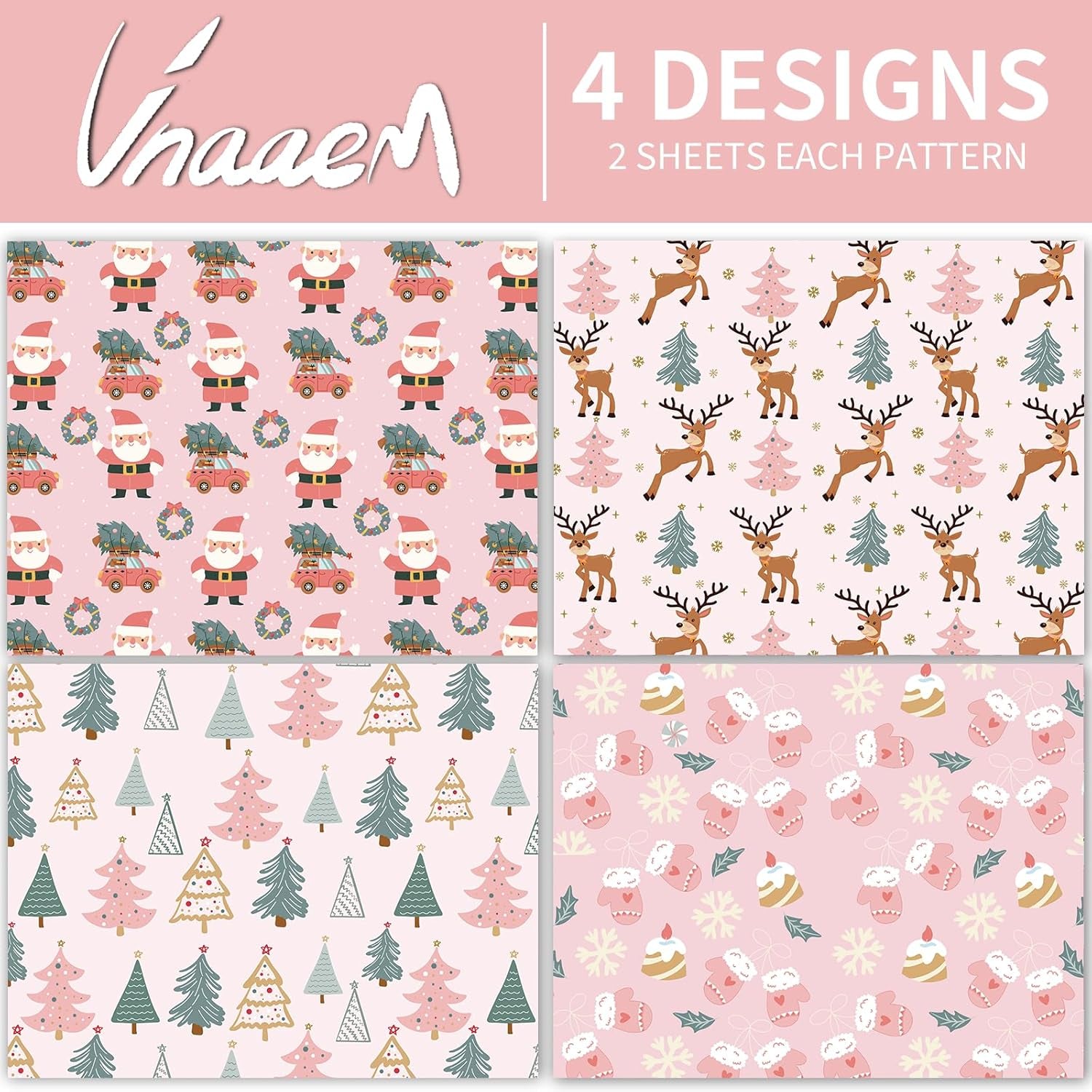 Pink Christmas Wrapping Paper for Boys Girls Kids - Cute Xmas Gift Wrap with Santa Christmas Tree Reindeer Design for Christmas Holiday Party Celebration - 20 X 28Inches per Sheet(8 Pack)