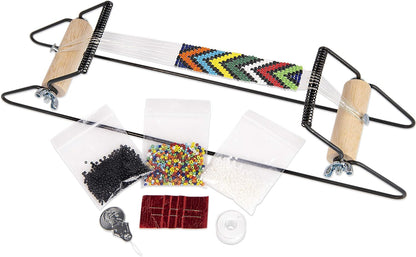 Metal Bead Loom Kit, Includes Loom (12.5" X 2.5" X 3"), Thread, Needles, and 18 Grams Glass Beads for Bracelets, Necklaces, Belts, and More