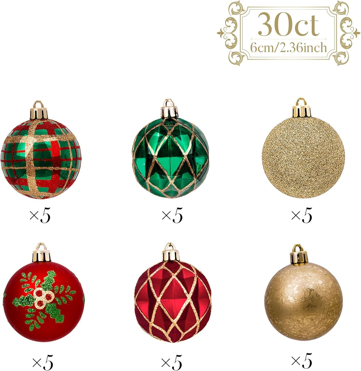 Christmas Ornaments Set, 30Ct Red Green and Gold Shatterproof Christmas Tree Decorations Ball Ornaments Bulk, 2.36 Inches Traditional Country Hanging Ornaments for Xmas Trees Decor