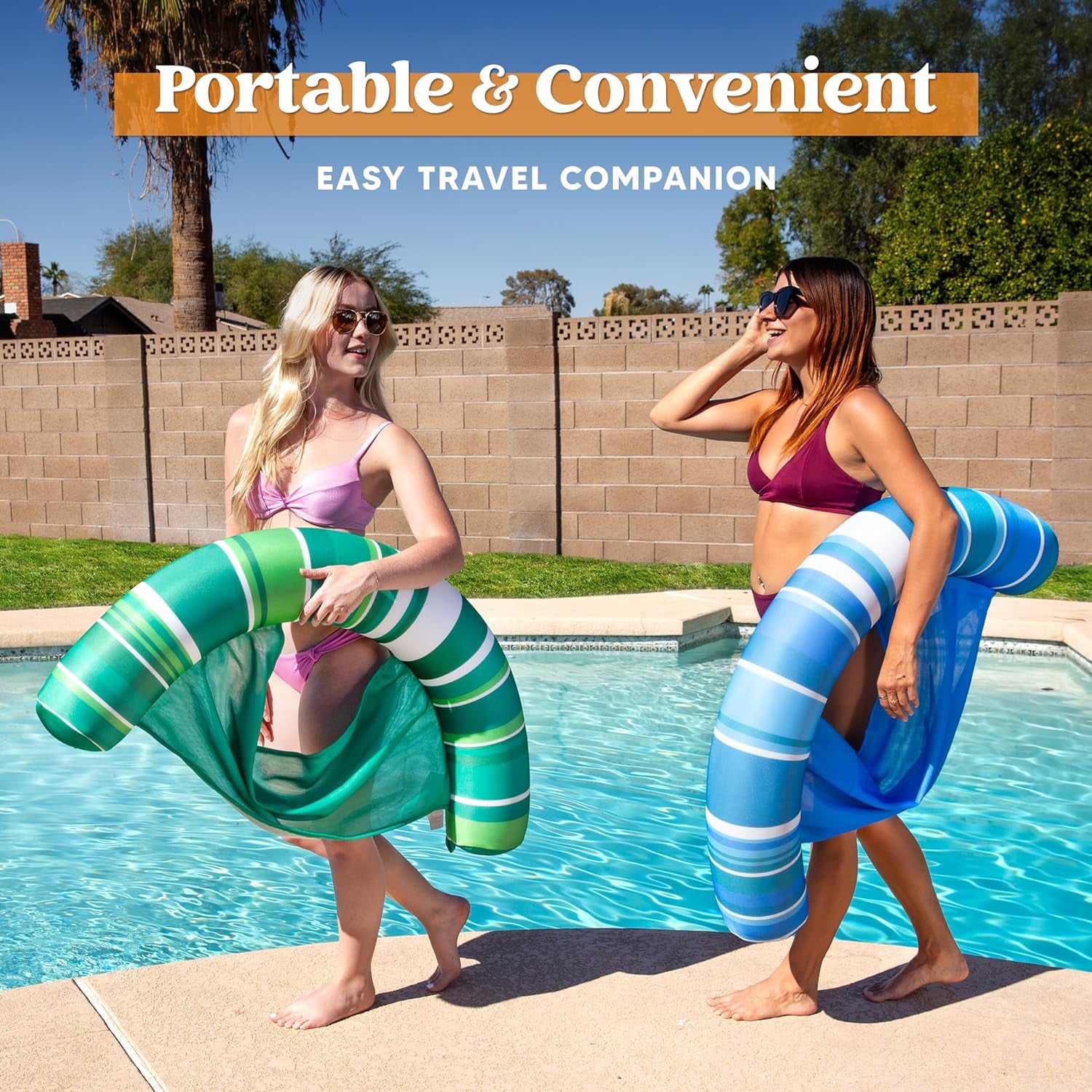Inflatable Pool Floats Chairs Adults, 2 Packs Floating Noodle Chair with Stripes Design Soft Fabric Covered with Sling for Swimming Pool Water Chair Pool Lounger Party Floaties