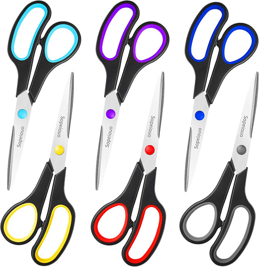 Scissors Set of 6-Pack, 8" Scissors All Purpose Comfort-Grip Handles Sharp Scissors for Office Home School Craft Sewing Fabric Supplies, High/Middle School Student Teacher Scissor, Right/Left Hand