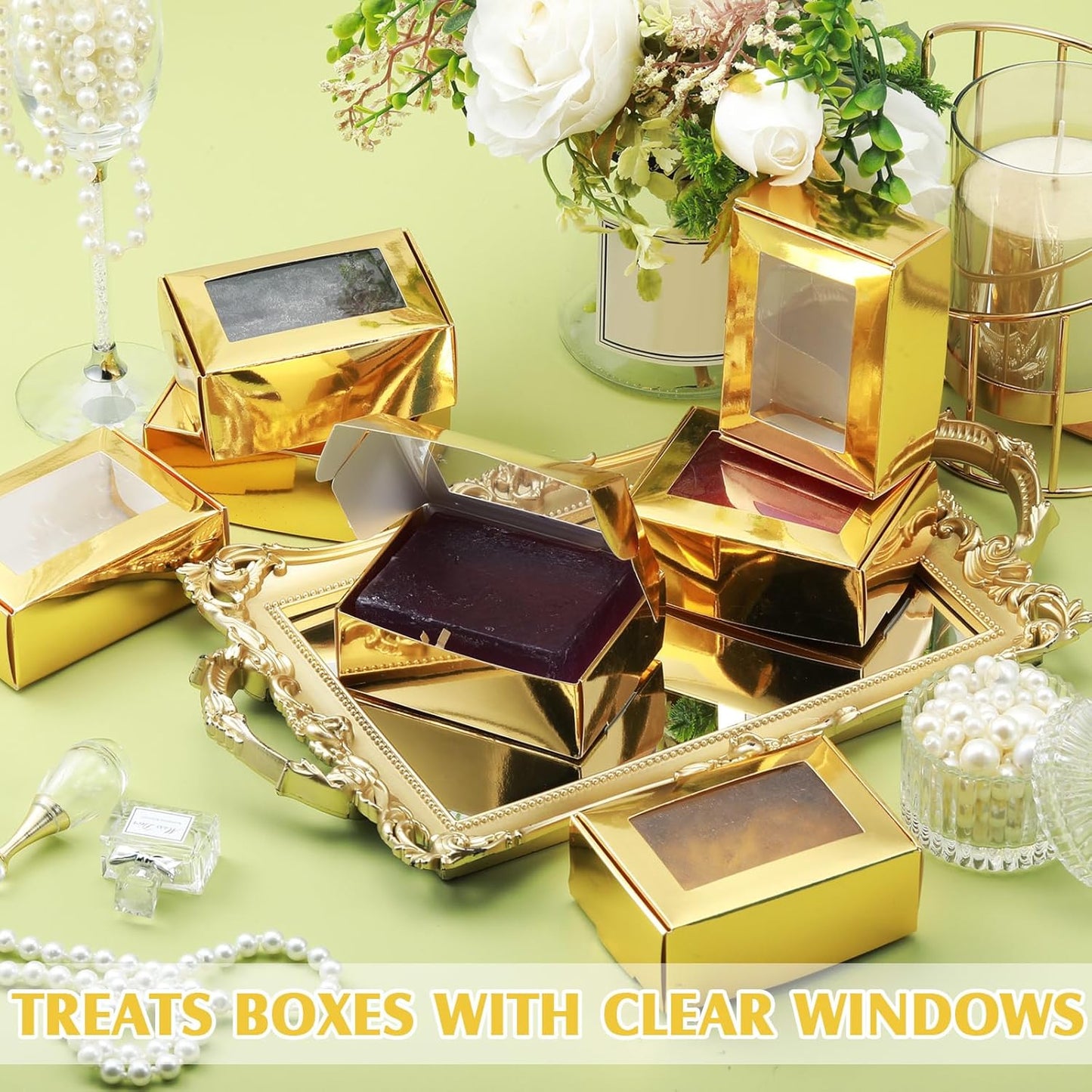 30 Pcs Soap Boxes for Homemade Soap Boxes Packaging Small Gift Box Mini Kraft Treat Boxes with Window Present Packaging Box for Bakery Candy Soap Making (Gold,3.7 X 2.6 X 1.4 Inch)