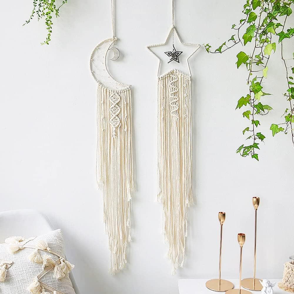 Moon+Star Macrame Kit, 2 in 1 Macrame Kits for Adults Beginners, Includes Macrame Cord and Instruction with Video, Macrame Wall Hanging Supplies, Craft Kits for Adults DIY Dream Catcher Kit